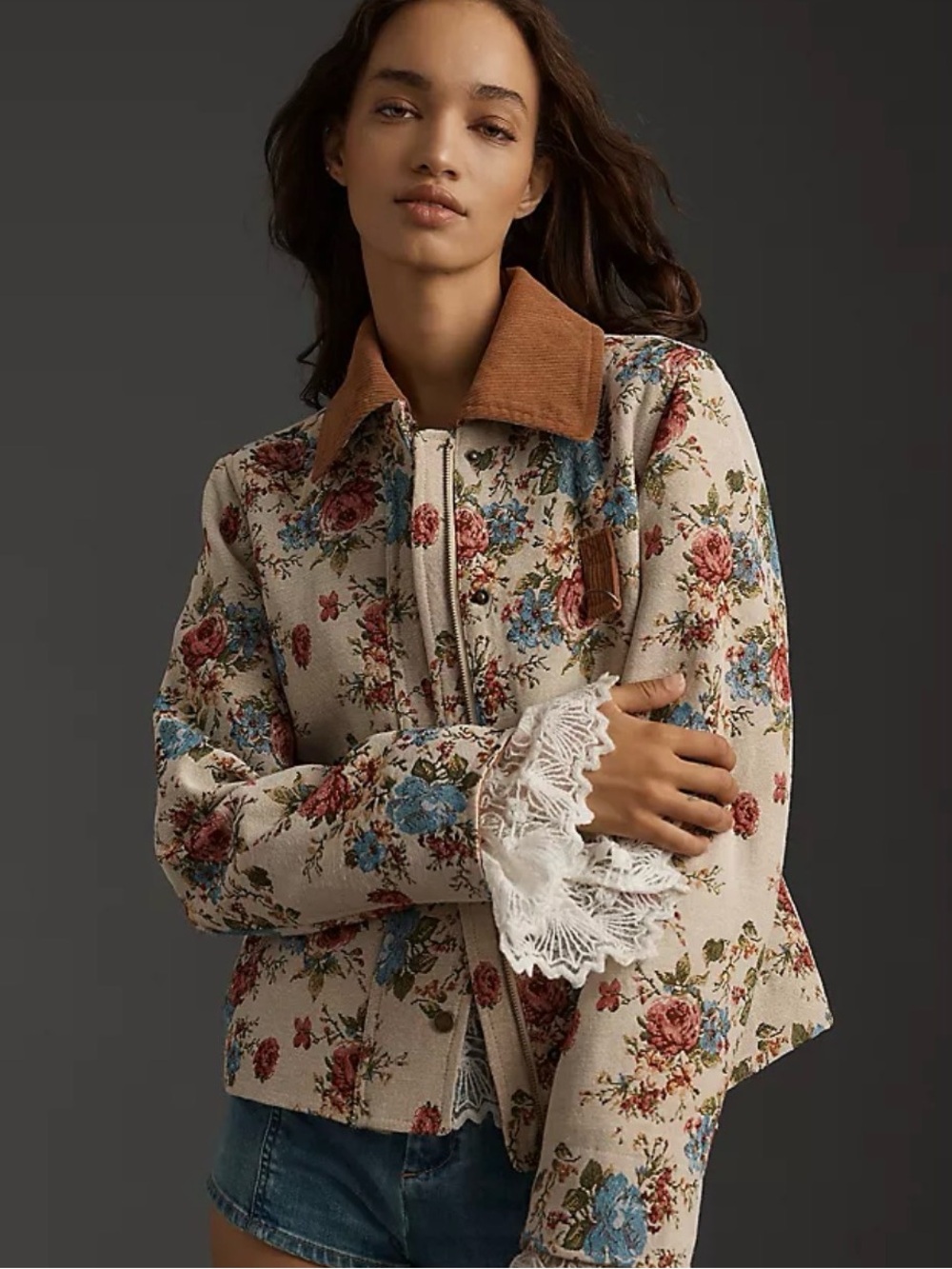 Avec Les Filles Cream Floral Chore Jacket with Brown Corduroy Trim